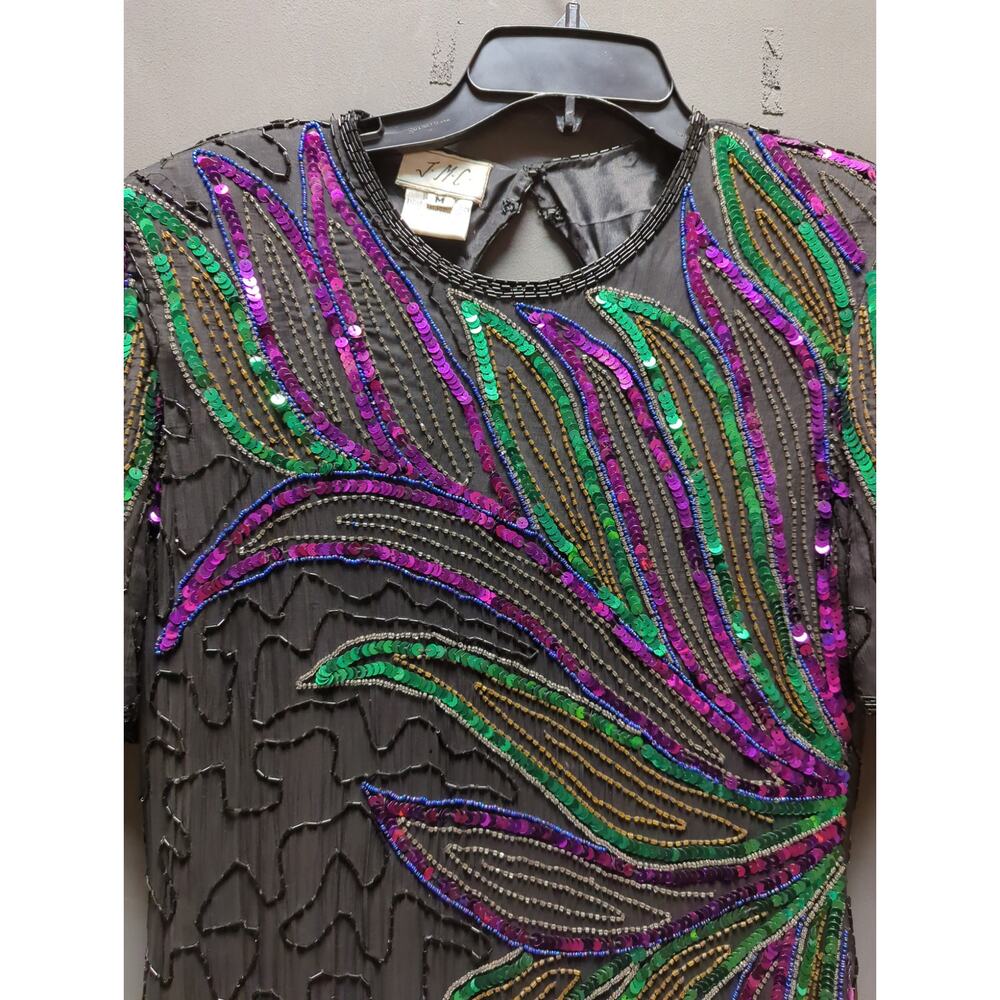 Vintage 1980 Sequin Silk Beaded cocktail Black dress green Design purple Medium - Picture 3 of 9